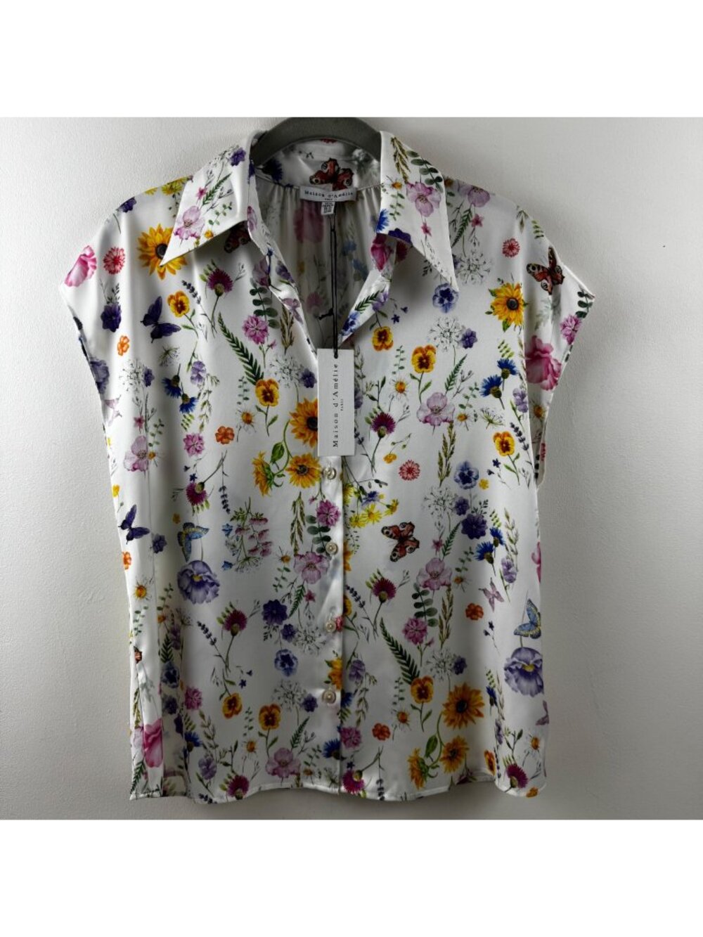 Maison d'Amélie Wildflower & Butterfly Button Down Blouse White Floral XS
